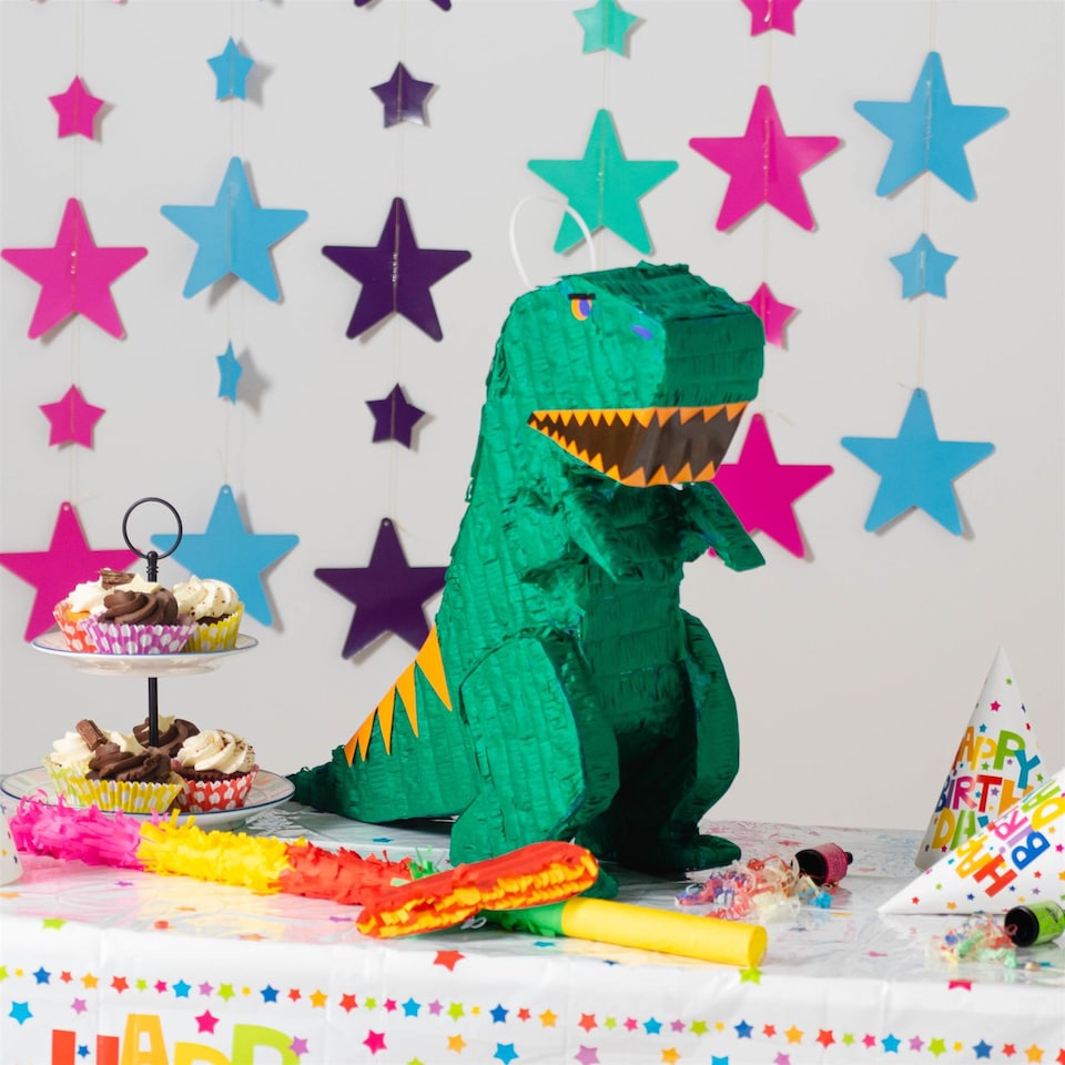 image 1 of Pinatas Dinosaur Cardboard Pinata, Stick and Blindfold Set - W43cm x D13cm x H55cm - Green