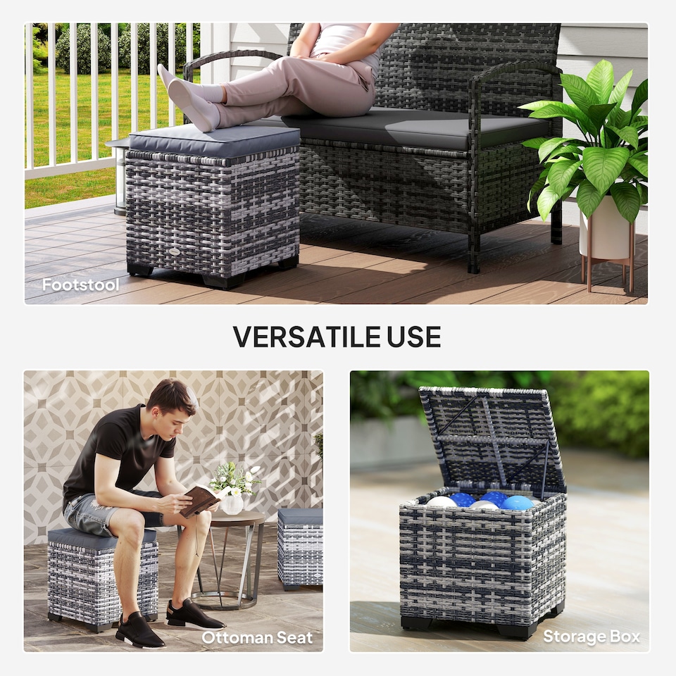 image 1 of Outsunny Set of 2 Rattan Storage Ottoman, Outdoor Footstool with Removable Cushions, Garden Storage Seat for Balcony, Porch, Living Room, Dark Grey | Grey | 40W x 40D x 40H cm | 1