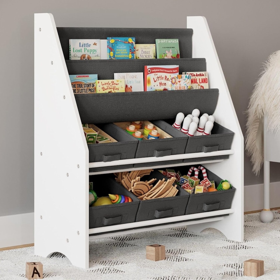 image 1 of Wood & Fabric Book Toy Organiser Storage Sling Rack Shelf Display Kids Children