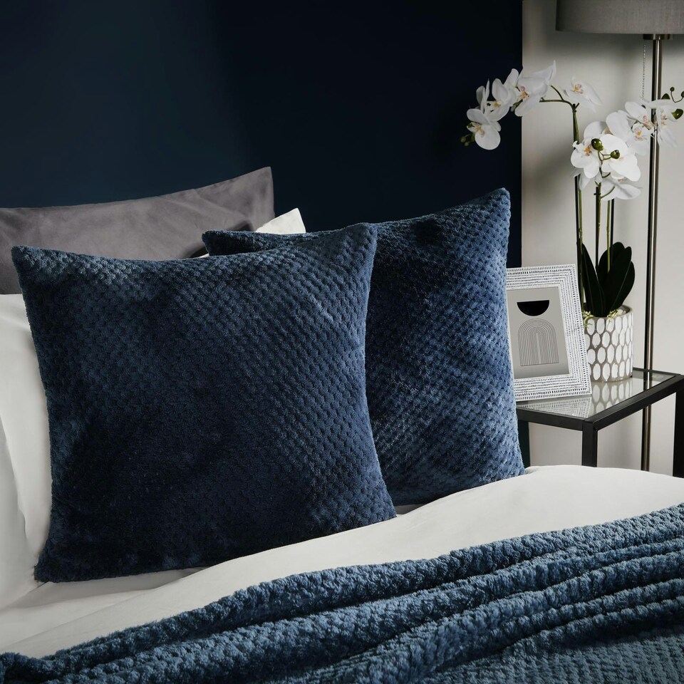 image 1 of OHS 2 x Soft Waffle Textured Fleece Cushion Covers, 45x45cm - Navy Blue
