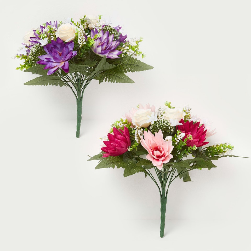 image 1 of Homescapes Rose & Lotus Flower Bouquet, Pink & Purple Set of 2