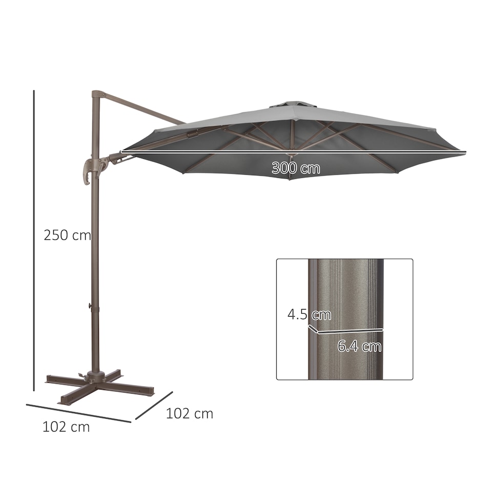 image 1 of Outsunny 3m Cantilever Parasol 360 Rotation Roma Umbrella Hanging Sun Shade with Aluminium Frame, Tilt Crank, 8 Ribs and Cross Base, Dark Grey