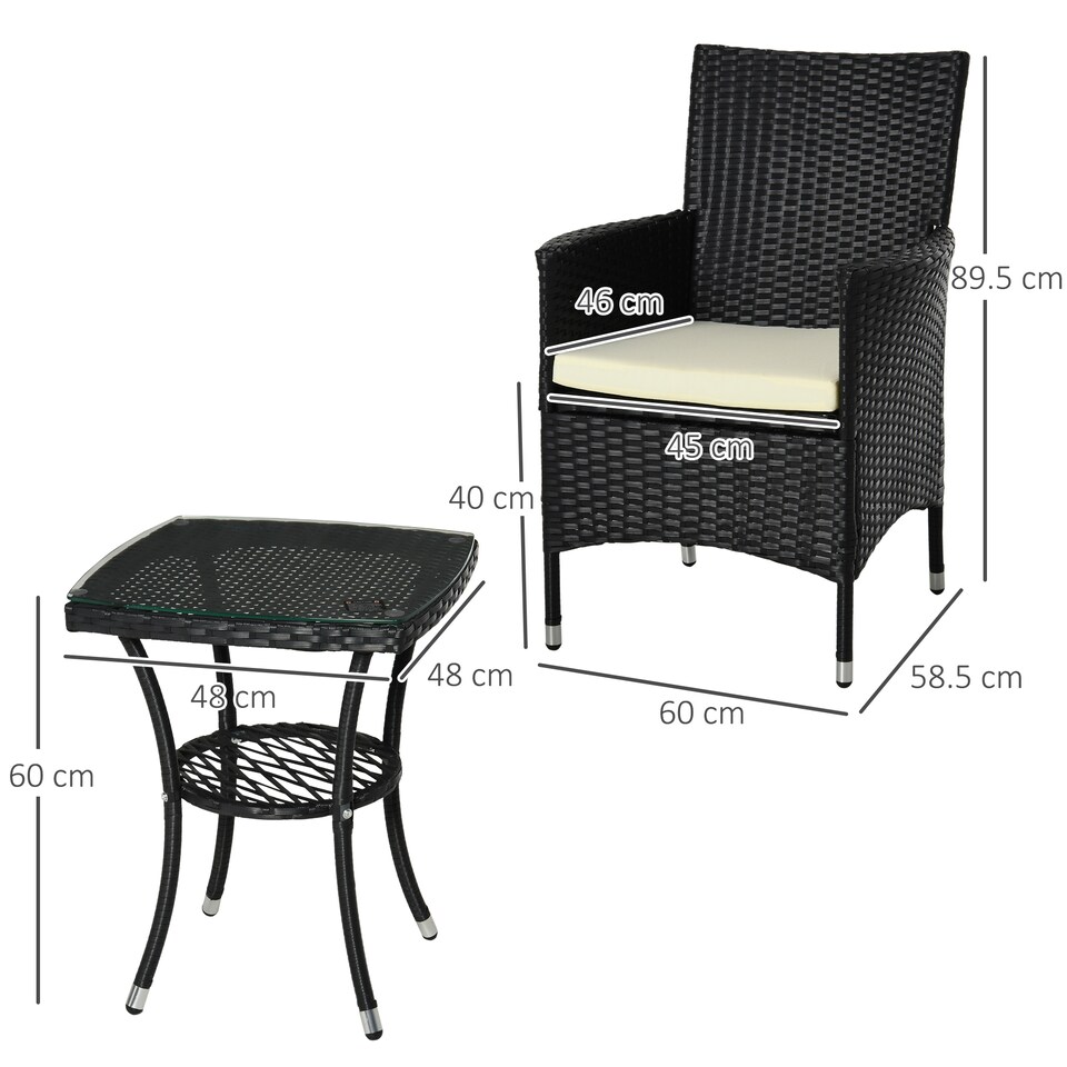 image 1 of Outsunny 3 Pieces Rattan Bistro Set, Wicker Garden Furniture Set with 2 Tier Coffee Table and Chairs, Cushions, for Outdoor Patio Balcony, Black