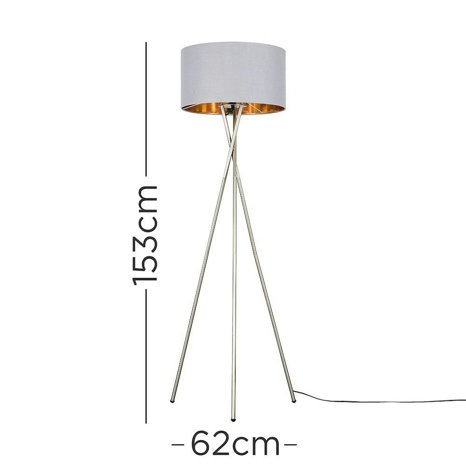 image 1 of ValueLights Camden Brushed Chrome Tripod Floor Lamp Grey Gold Shade and Bulb