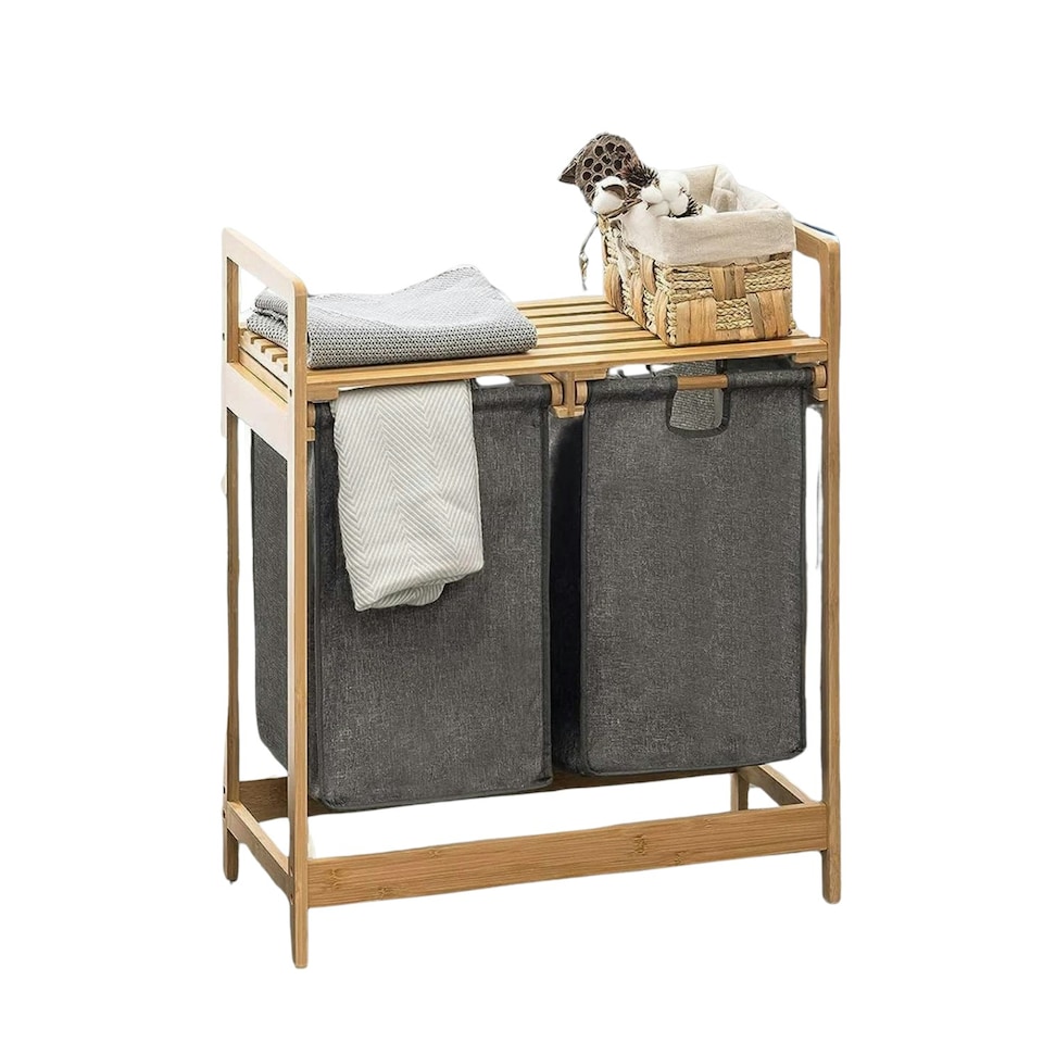 image 1 of Wooden Grey Pull Out Double Laundry Basket With Shelf Brown