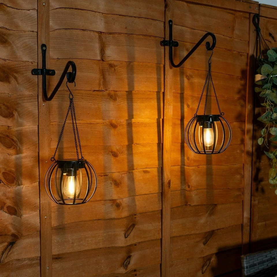 image 1 of ValueLights 2 Pack Solar Powered Outdoor Black Metal Ball Garden Lantern Lights