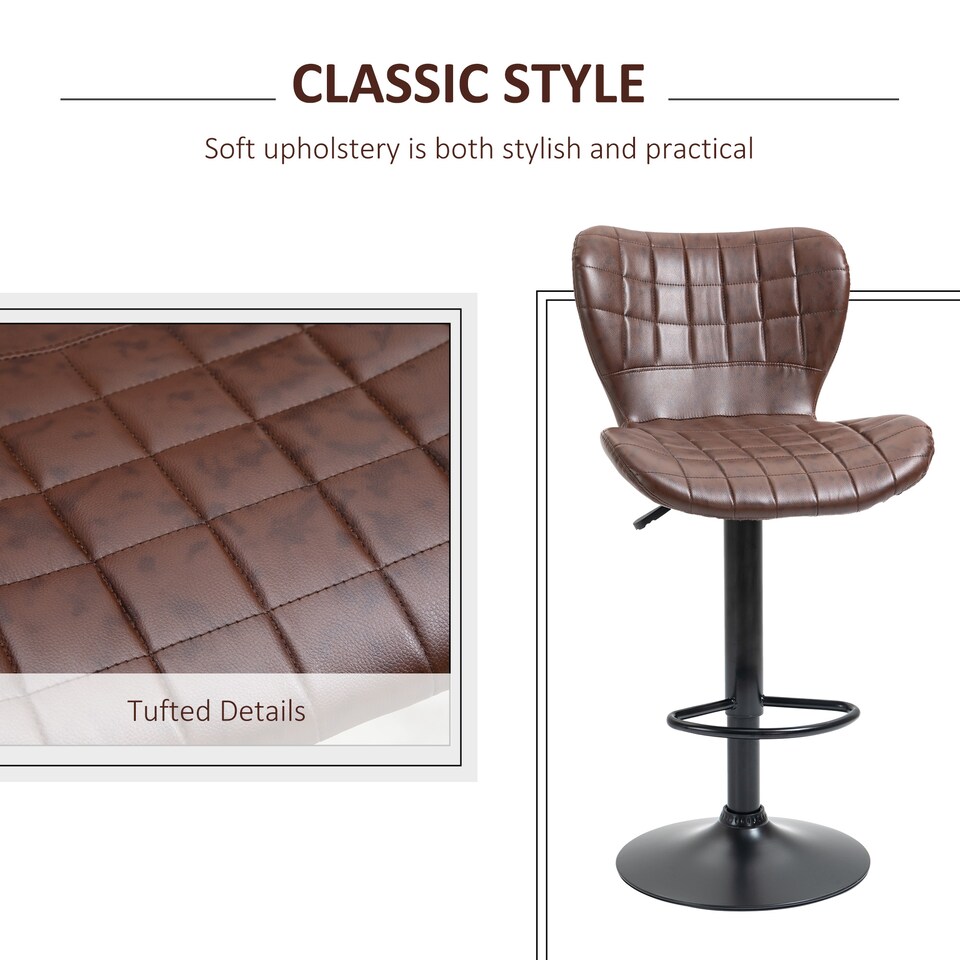 image 1 of HOMCOM Bar Stools Set of 2 Adjustable Height Swivel PU Leather Bar Chairs Brown