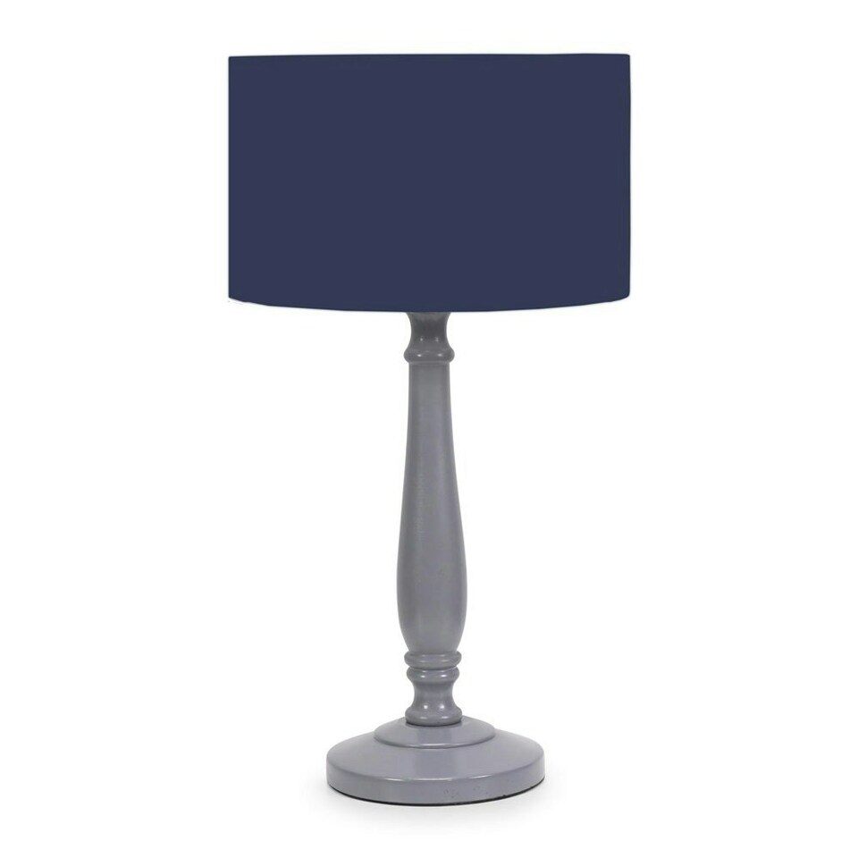 image 1 of ValueLights Victoria Grey Wood Traditional Stem Table Lamp with Navy Blue Fabric Drum Shade and LED Bulb