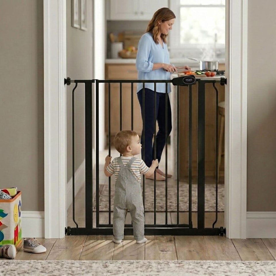 image 1 of Safetots Extra Tall Narrow Metal Safety Gate Pressure Fit, 68.5cm - 75cm, Matt Black, 104cm in Height, Extra Tall Baby Gate | Black | 1