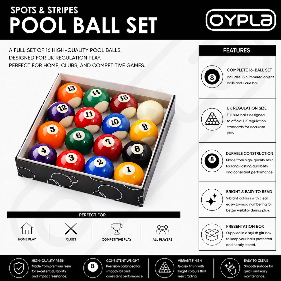 image 1 of Full Size UK Regulation 16 Spots and Stripes Pool Ball Set | Multi