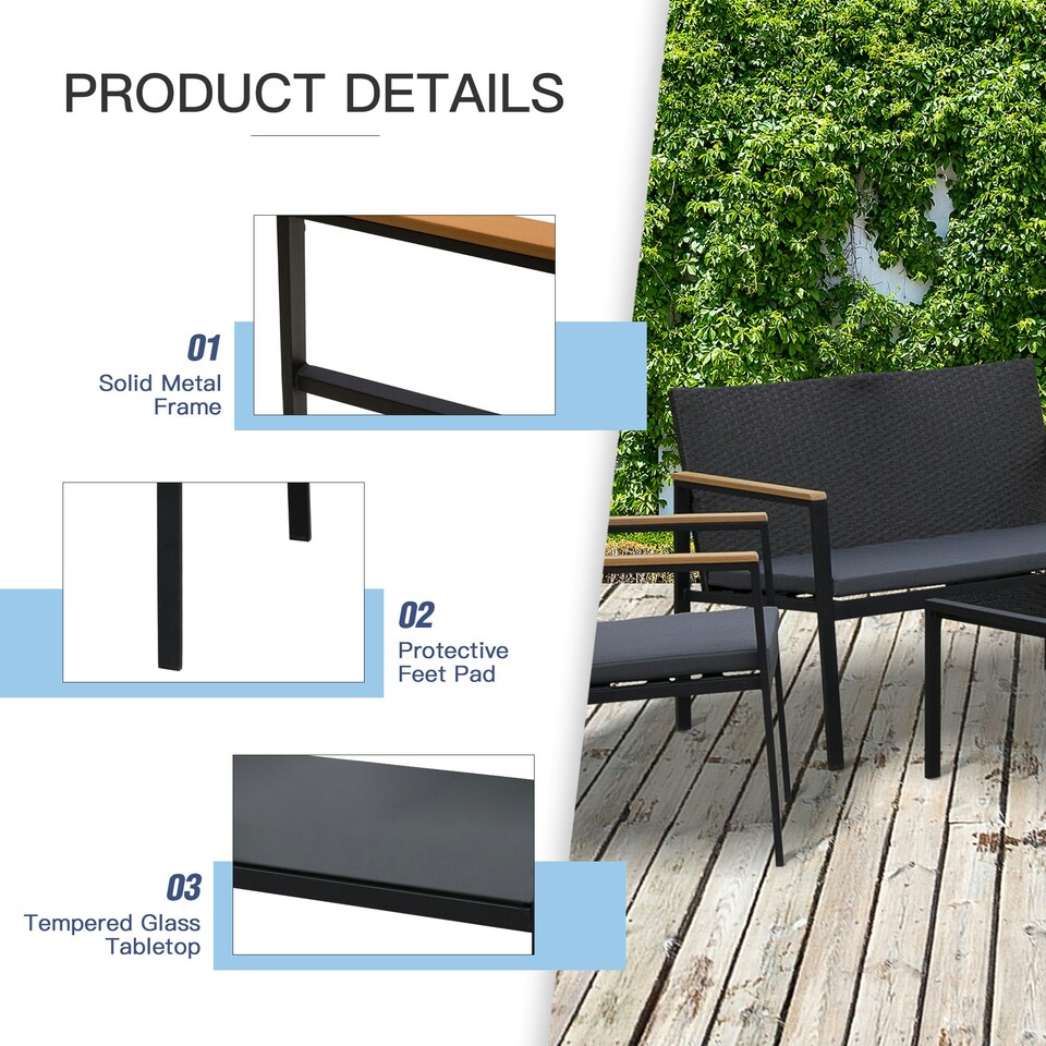 image 1 of Outsunny 4-Piece Cushioned Outdoor Rattan Wicker Chair and Loveseat Furniture