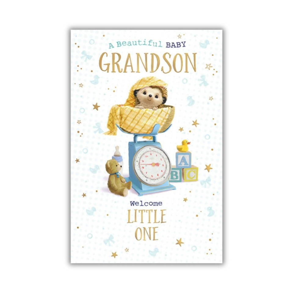 image 1 of Words 'n' Wishes Birth of New Grandson Card, Cute Hedgehog Sat In Weighing Scales, Multicoloured, 21.7 x 14.4 cms