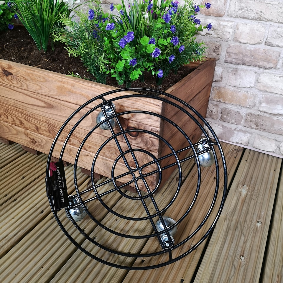 image 1 of Tom Chambers Handcrafted Heavy Duty Round Black Metal Garden Patio Plant Flower Pot Stand Caddy Trolley on Strong Metal Castor Wheels 37cm Black