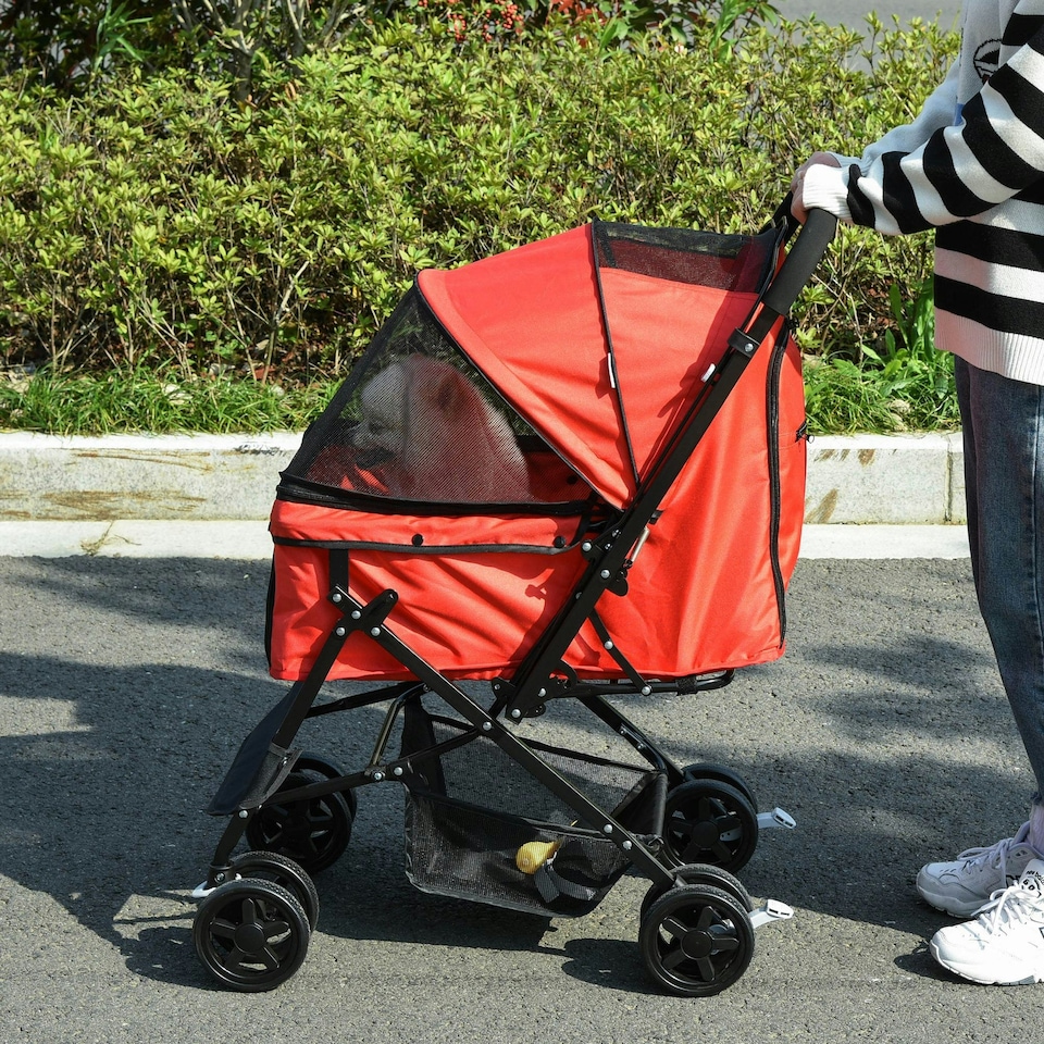 image 1 of PawHut Pet Stroller Dog Foldable Travel Carriage with Reversible Handle, Red