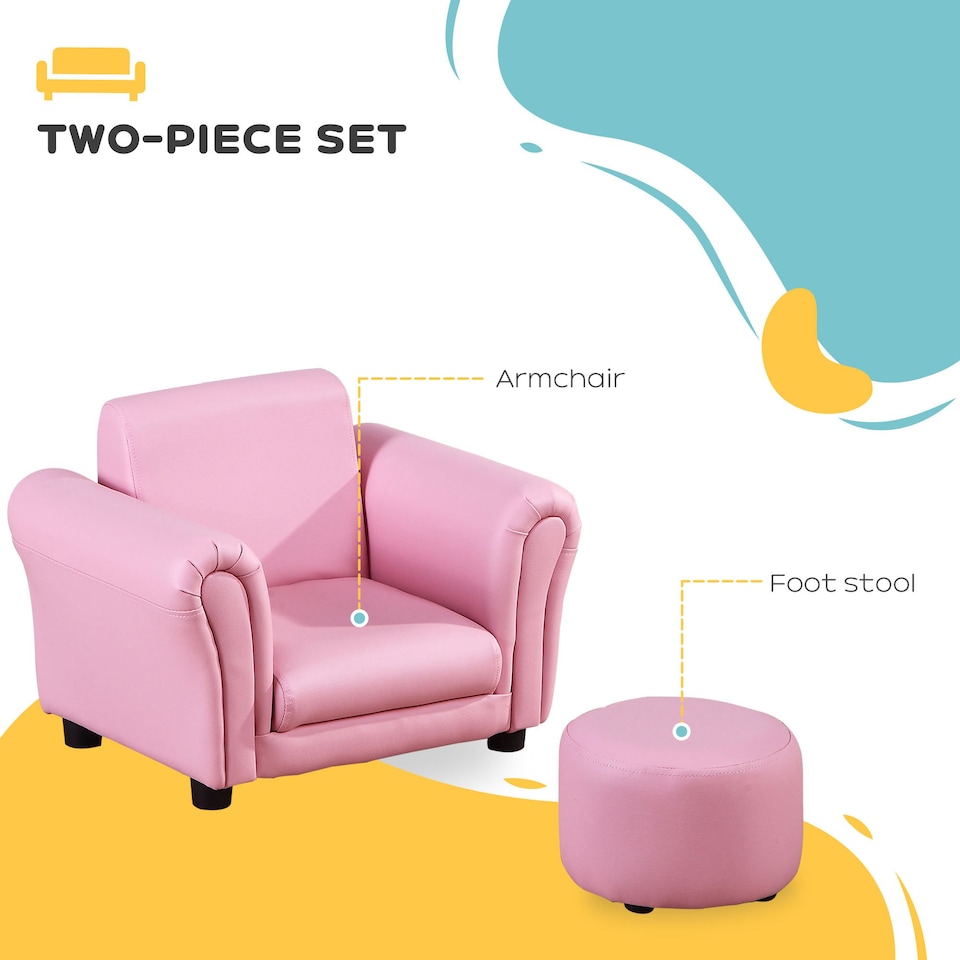 image 1 of HOMCOM Kids Sofa Set Toddler Chair Children Couch Seating Armchair w Footstool | Pink | One Size