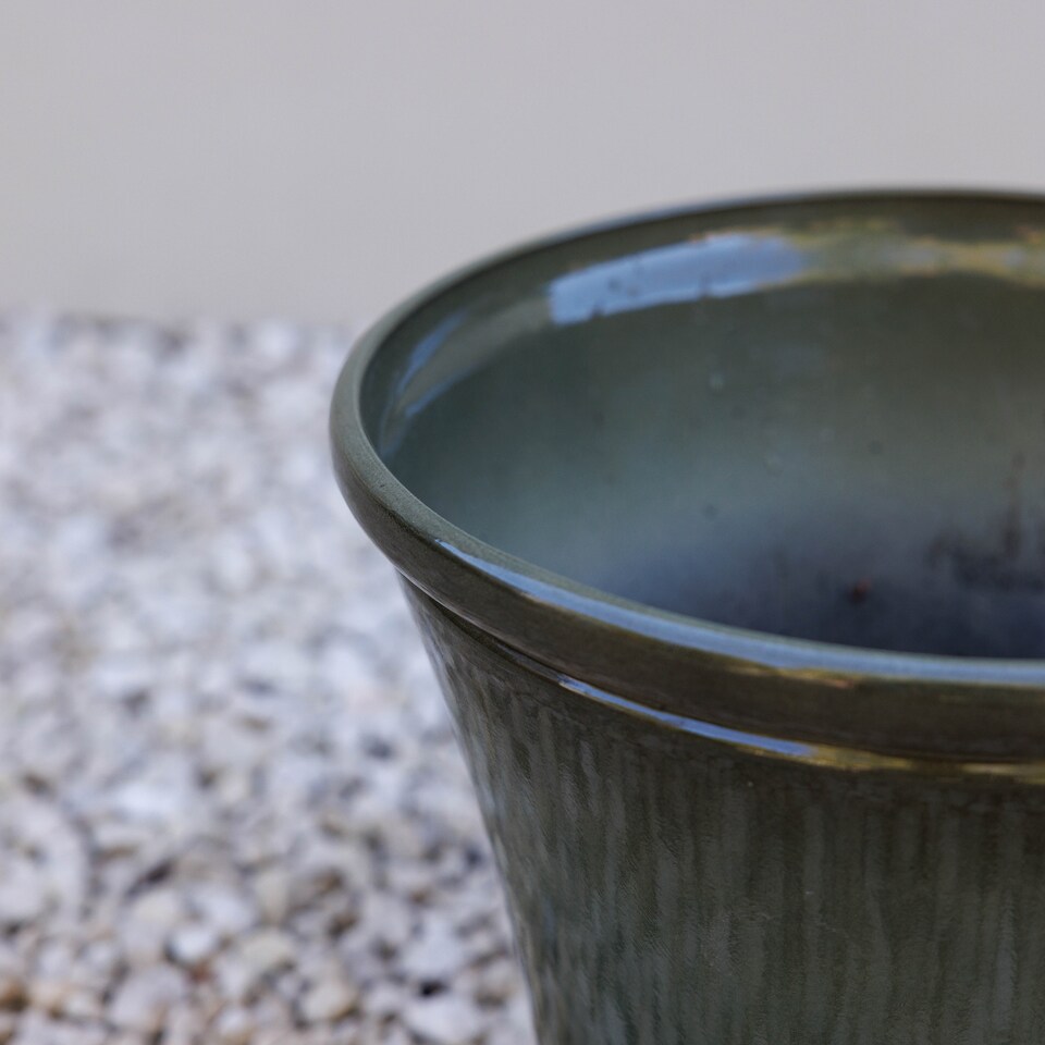 image 1 of Glazed Green Ceramic Look Tapered Outdoor Garden Planter 35cm | Green | Green | Small H30.5 x Ø35 cm