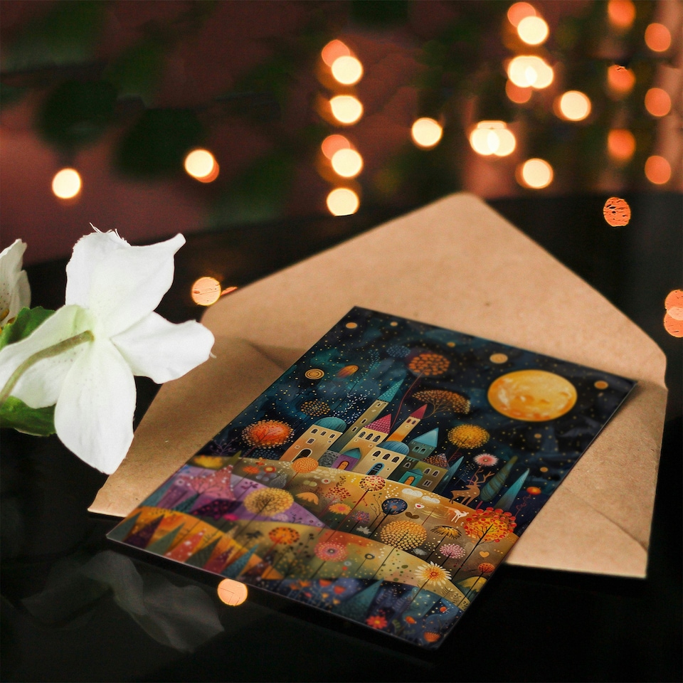 image 1 of Hilltop City Stars Full Moon Colourful Folk Her Birthday Card