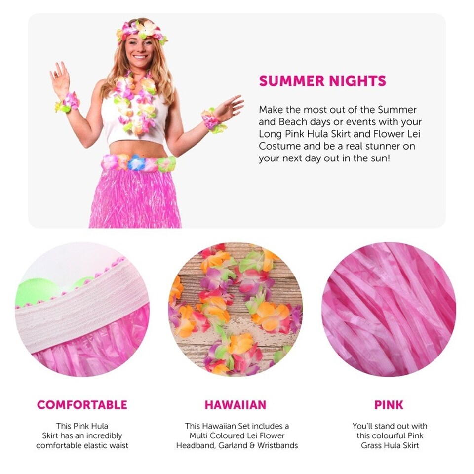 image 1 of Pack of 12 80cm Hawaiian Long Pink Hula Skirt & Lei Pink | One Size