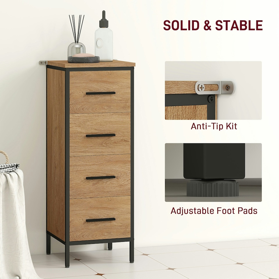 image 1 of HOMCOM Narrow Bathroom Storage Cabinet with 4 Drawers for Small Spaces, Oak Brown | Black