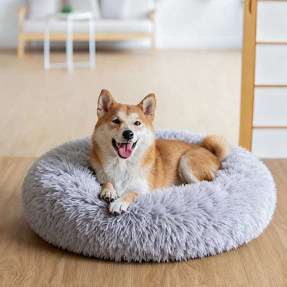 image 1 of Living and Home Calming Round Donut Plush Dog Cuddler Bed | Grey | Light Grey