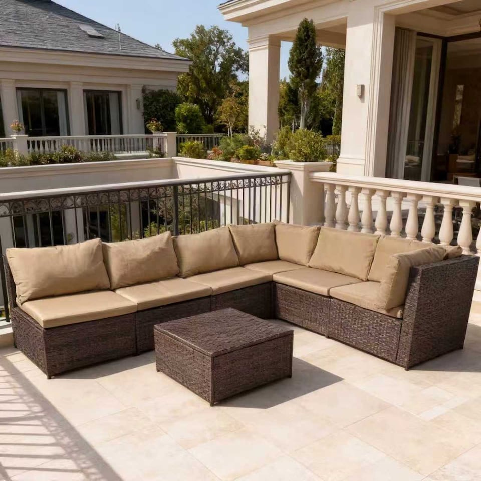 image 1 of 7 Piece Rattan Garden Furniture Set, 6 Seater Corner Sofa Set with Coffee Table