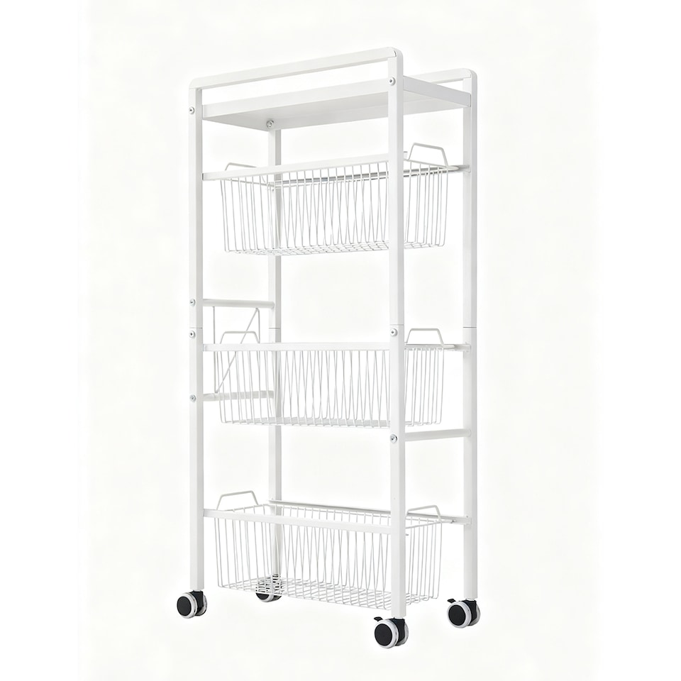 image 1 of Living and Home 4-Tier Kitchen Storage Trolley with Pull-Out Baskets, White | White | 4 Tier