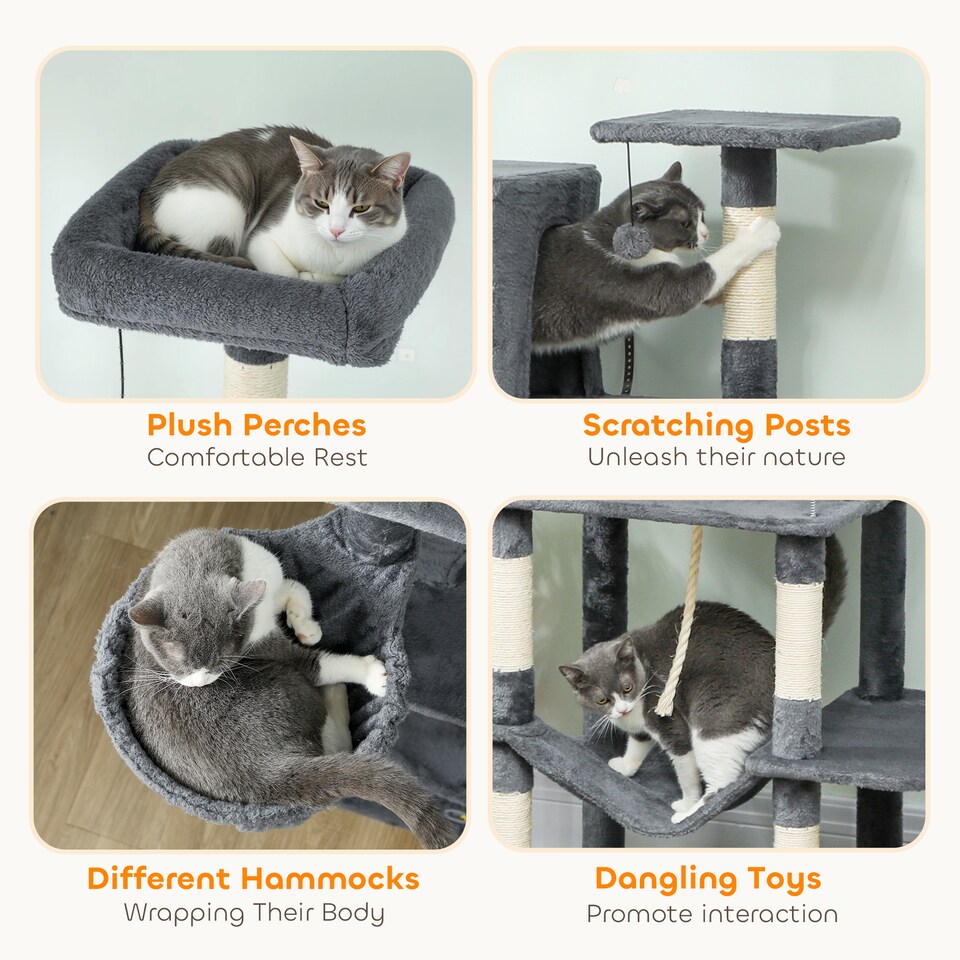 image 1 of PawHut Cat Tree, 202cm Large Cat Tower for Indoor Kittens with 6 Scratching Posts, 2 Condos, 2 Perches, 2 Hammocks, Pompoms, Multi-Level Plush Kitty Activity Centre for Rest and Play, Dark Grey