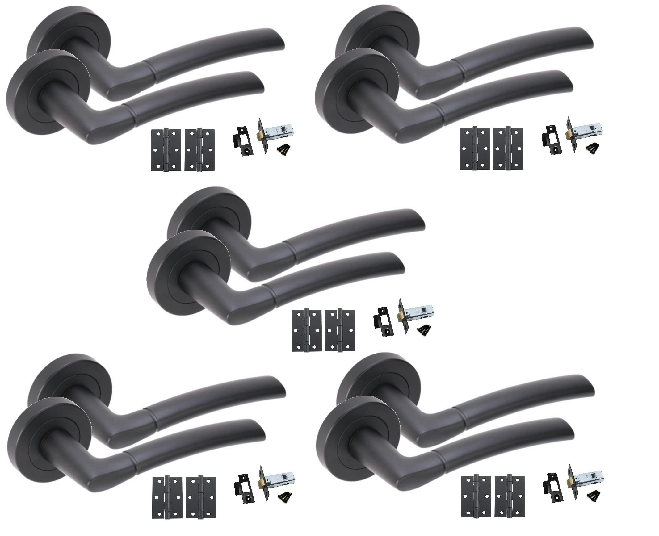 Golden Grace 5 Pairs Indiana Style Modern Door Handles Lever Latch on Round Rose in Matt Black Finish with Latches and Ball Bearing Hinges Black 5 Pai