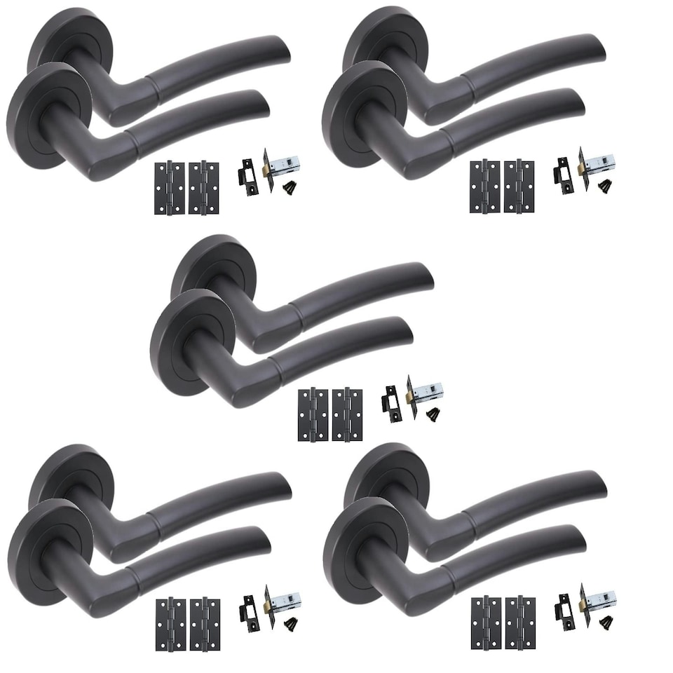 image 1 of Golden Grace 5 Pairs Indiana Style Modern Door Handles Lever Latch on Round Rose in Matt Black Finish with Latches and Ball Bearing Hinges | Black | 5 Pairs