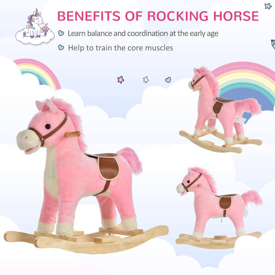 image 1 of HOMCOM Kids Plush Rocking Horse with Sound Moving Mouth Wagging Tail Children Rocker Ride On Toy Gift 3-6 Years Pink