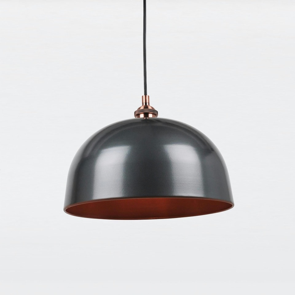 image 1 of First Choice Lighting Pair of Industrial Nickel with Copper Detail Dome Pendants Silver | Copper