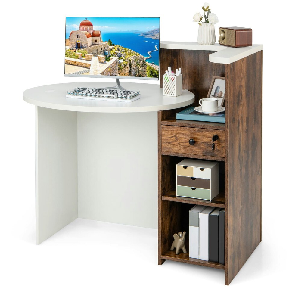 image 1 of COSTWAY Reception Desk with Lockable Drawer White White