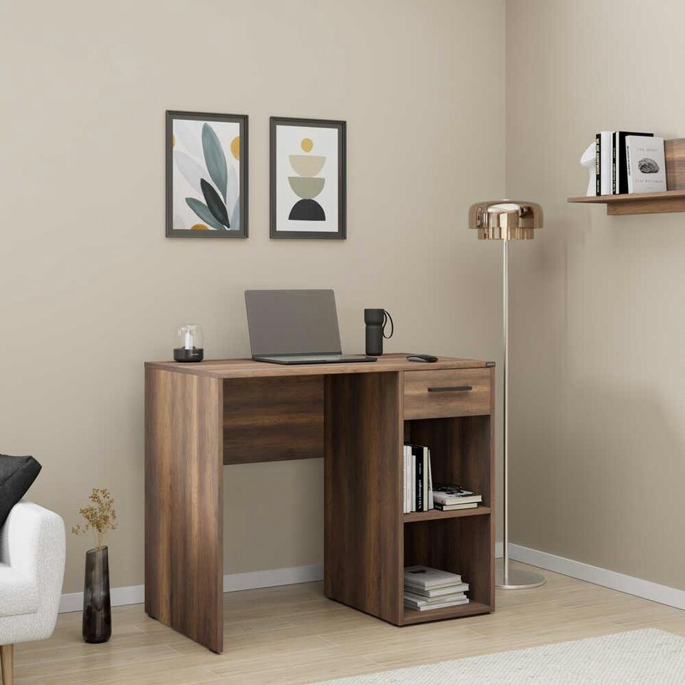 image 1 of Adore Walnut Effect Study Desk with Drawer & Shelves Brown