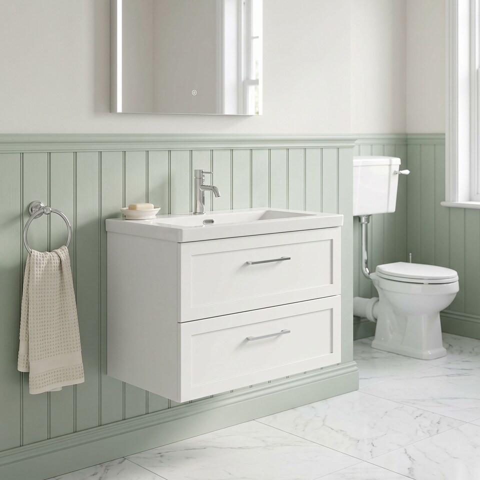 image 1 of Balterley Stonnall Traditional Wall Hung 2 Drawers Vanity Unit with 1 Tap Hole Fireclay Basin, 800mm, Matt White