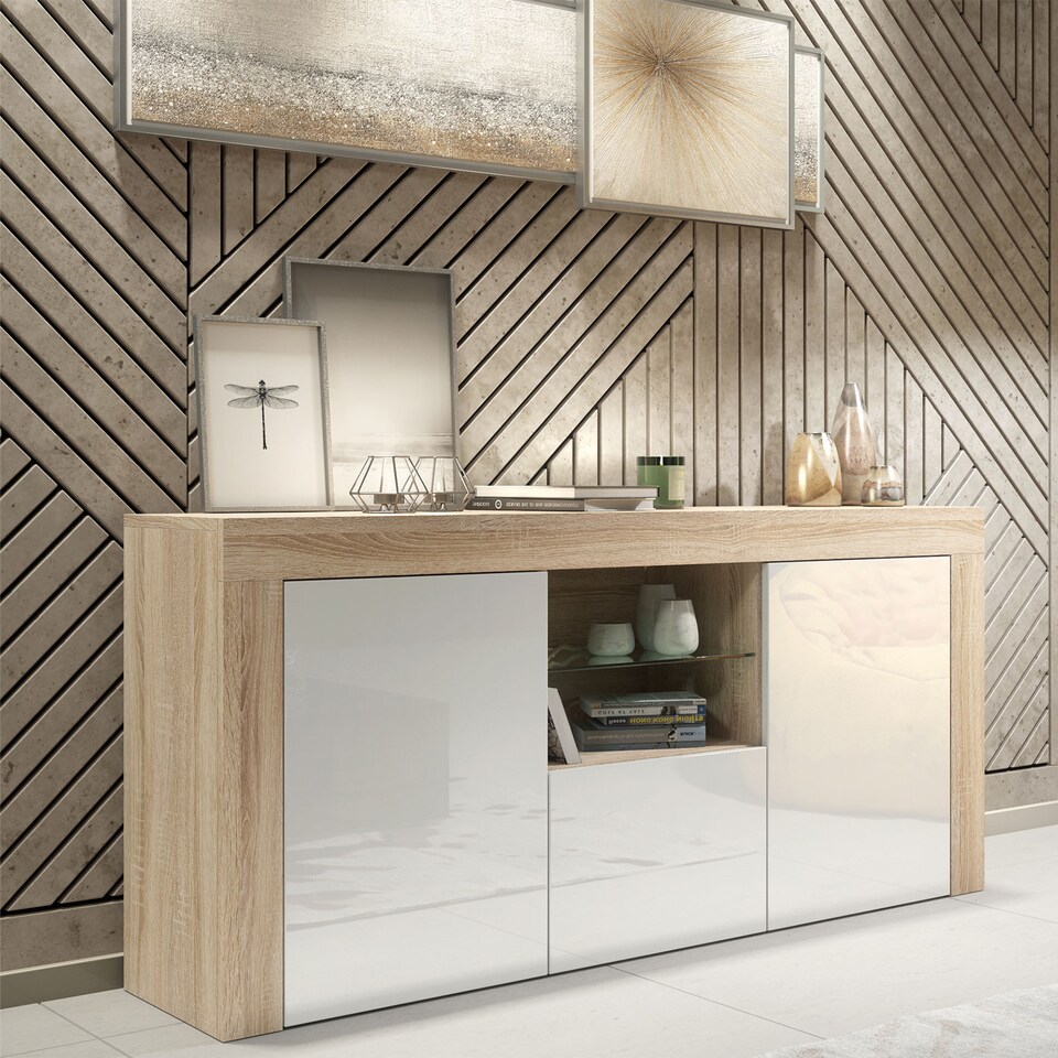 image 1 of TV Unit TV Stand Sideboard Media Cabinet Storage Cabinet Oak White High Gloss 145cm