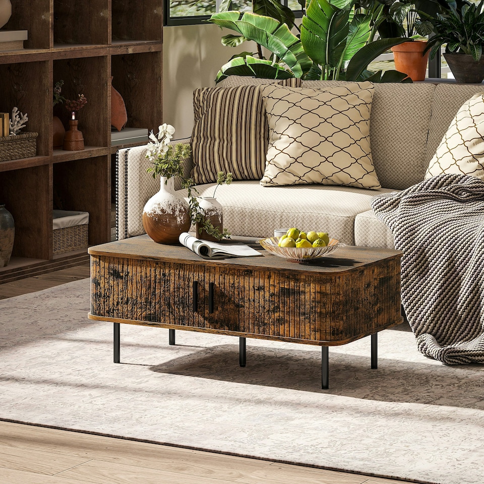 image 1 of HOMCOM Coffee Table with Storage and Sliding Doors for Living Room Brown