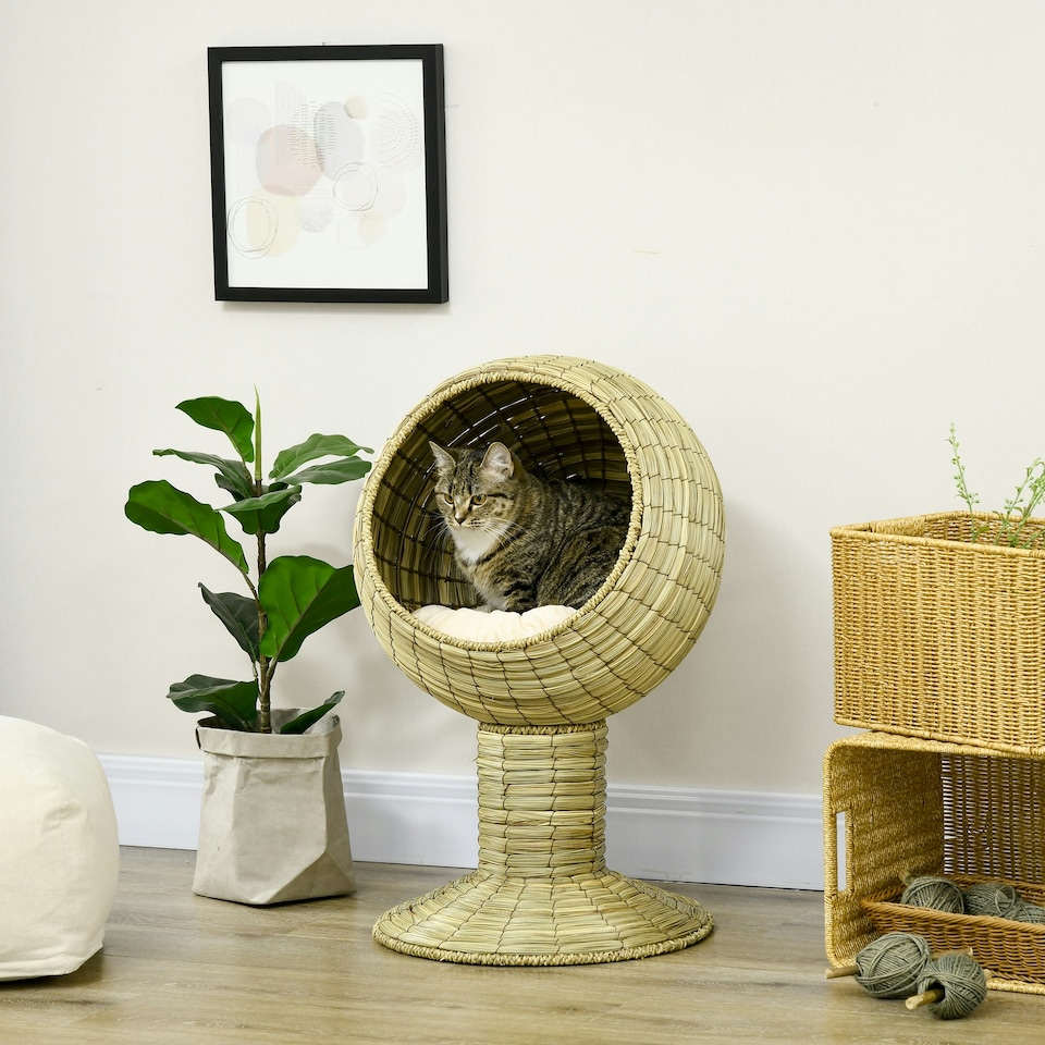 image 1 of PawHut Raised Cat House, Natural Mat Grass Cat Bed w/ Stand Cushion, Φ41x 69 cm