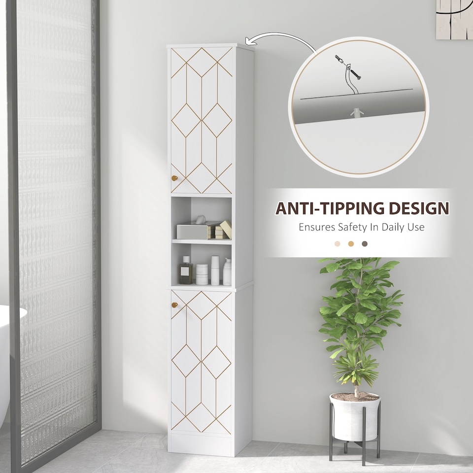 image 1 of HOMCOM Tall Bathroom Storage Cabinet with Doors, Slim Bathroom Storage Unit with Adjustable Shelves, Freestanding Bathroom Storage Unit, White | White | White