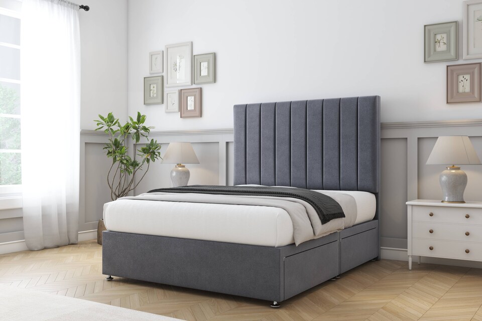 image 1 of Sloomy Kansas Steel Plush Divan Bed Base 4 Drawers With 54 Inch Floor Standing Headboard | Grey | Steel | Super King | 1