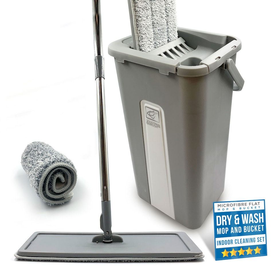 image 1 of Flat Mop and Bucket Set with Swivel Head Built In Wringer and 2 Washable Microfibre Mop Heads