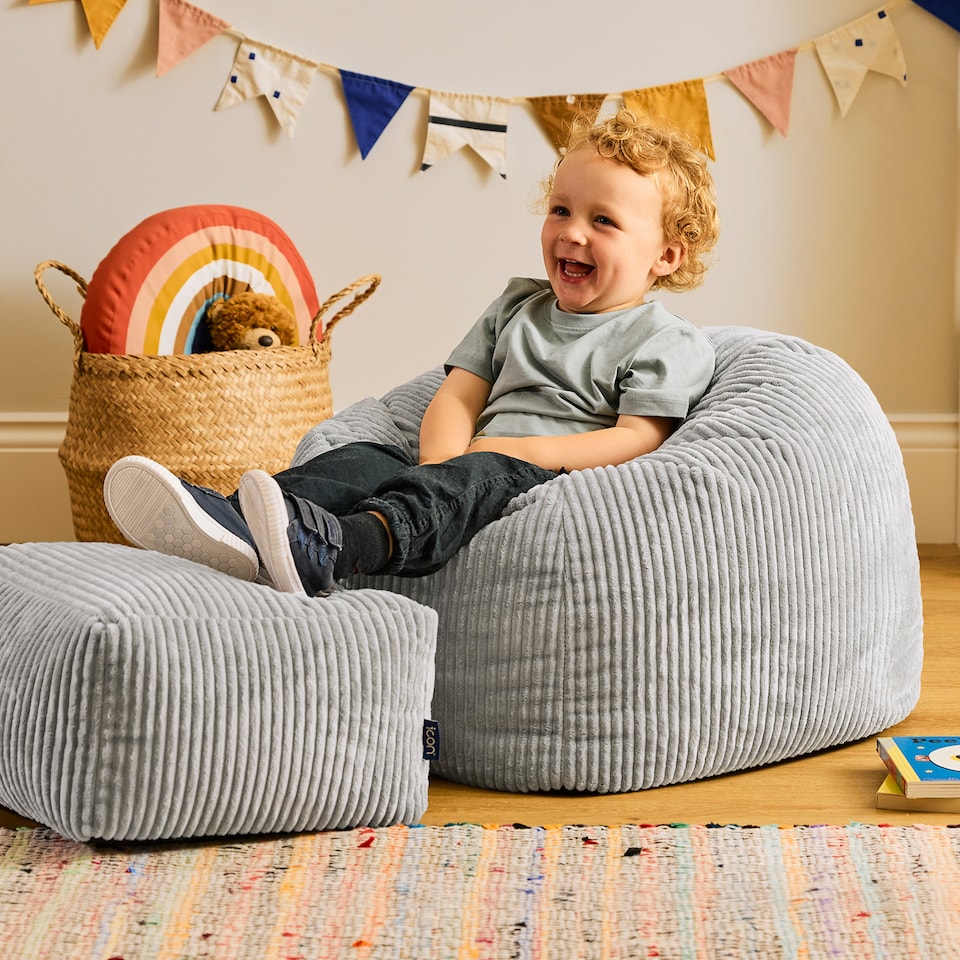 image 1 of icon Kids Kingston Cord Classic Bean Bag and Mini Square Footstool, Grey