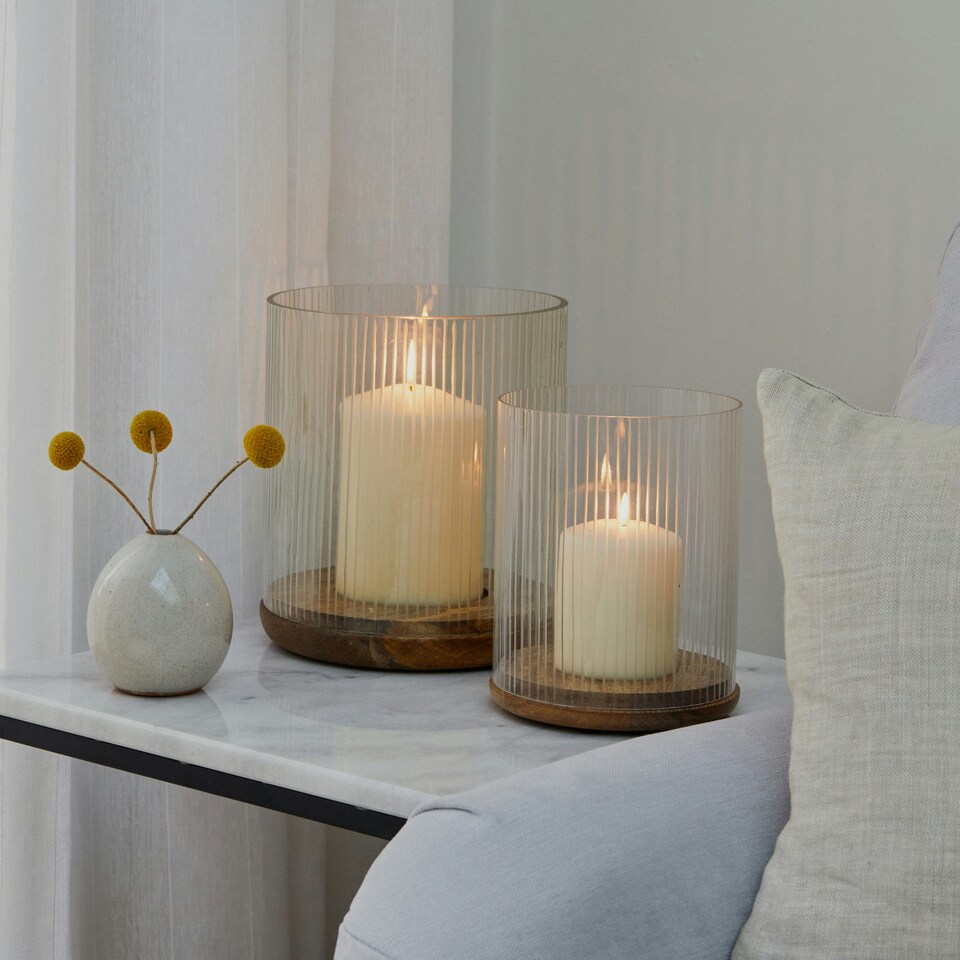 image 1 of Amelia Ribbed Glass Wooden Candle Holder Clear