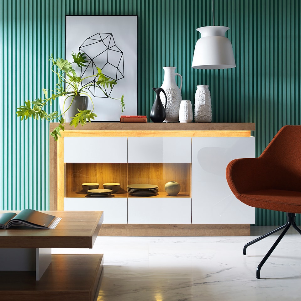 image 1 of Lyon Designer Coffee Table in Riviera Oak and White High Gloss