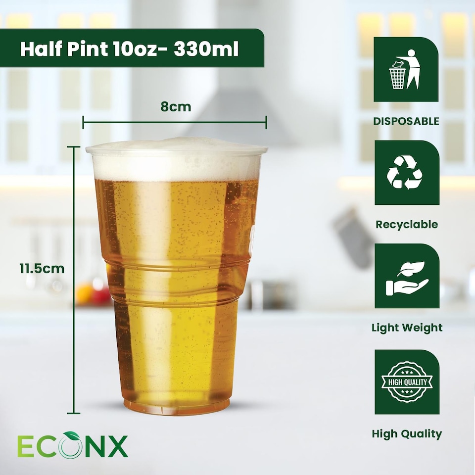 image 1 of ECONX 10oz Plastic Half Pint Cups Clear Reusable Beer Glasses For Pub Beach Parties 50pc