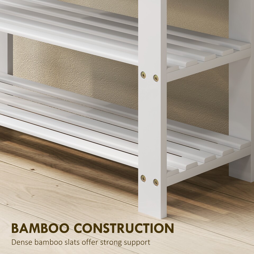 image 1 of HOMCOM Bamboo Shoe Bench, 3-Tier Shoe Storage Bench with Slatted Shelves for Entryway Hallway, Holds 6 Pairs, White | White | White