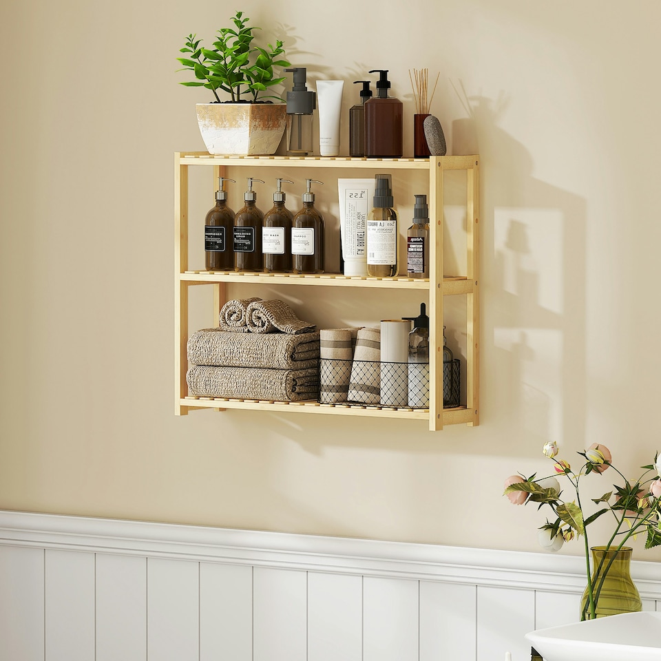 image 1 of HOMCOM 3-Tier Bamboo Adjustable Bathroom Storage Shelf, Natural