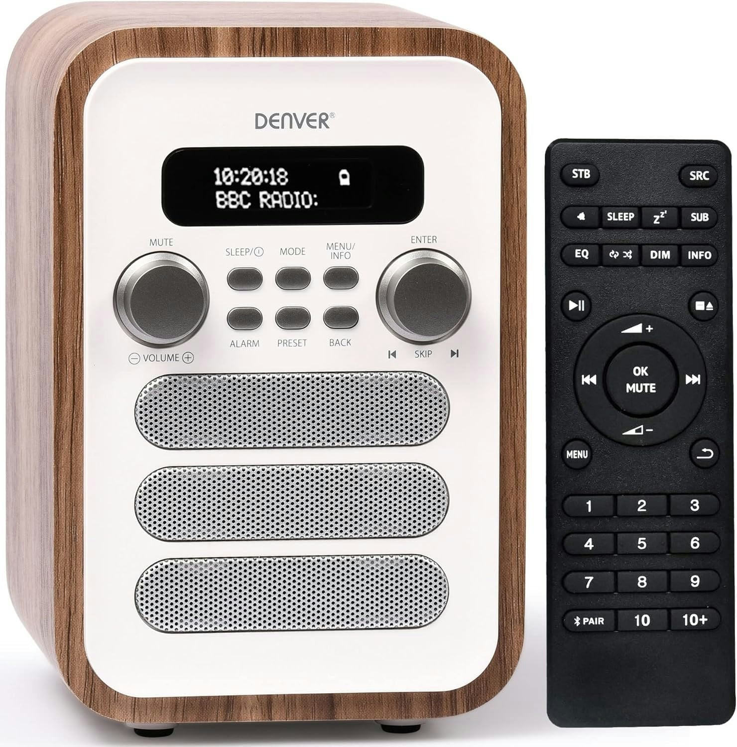 Denver DAB-48 Bluetooth DAB Radio - Large Remote Control - DAB/DAB+ Digital Radio Mains Powered – DAB Bluetooth Radio Speaker – DAB Alarm Clock