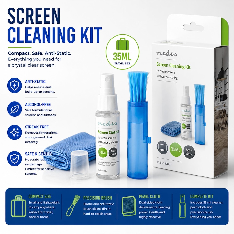 image 1 of Screen Cleaning Kit 35ml Anti-Static Alcohol-Free Cleaner, Cloth & Brush, Streak-Free TV Laptop Phone Cleaner Travel Size