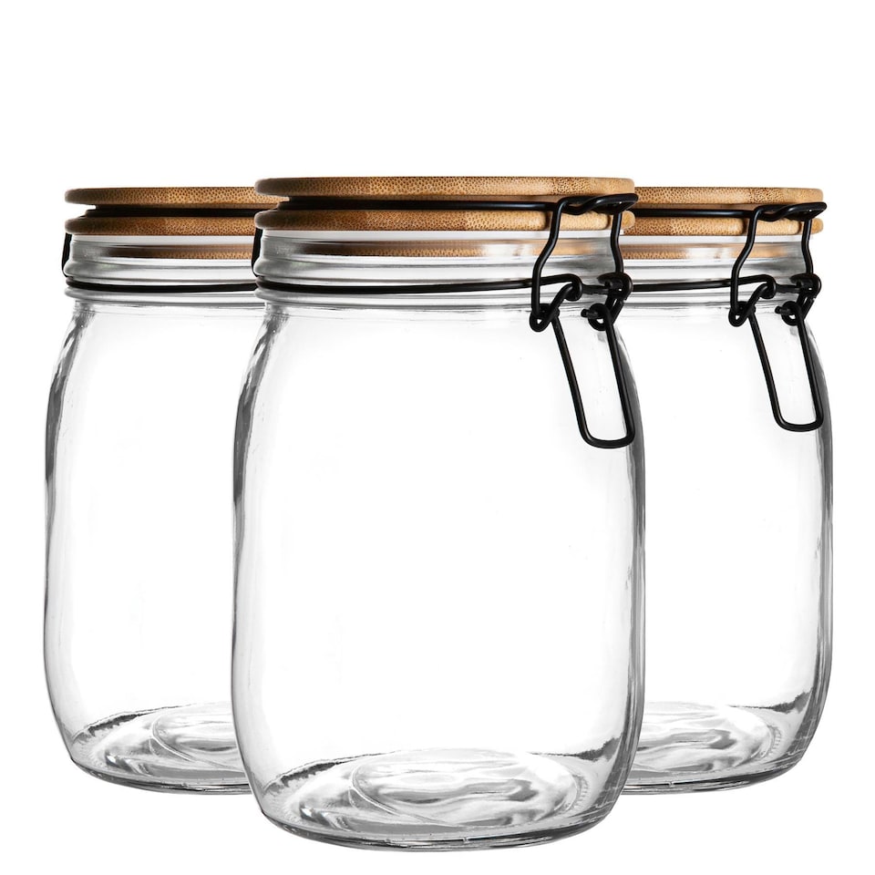 image 1 of Argon Tableware Wooden Clip Lid Storage Jars - 1 Litre - White Seal - Pack of 3