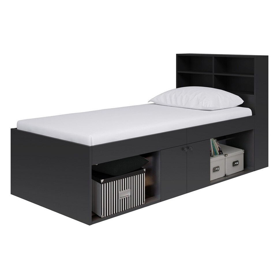 image 1 of 3 Feet Low Cabin Bed with Bookcase Headboard - L214 x W96 x H100 cm - Black - Assembly Required
